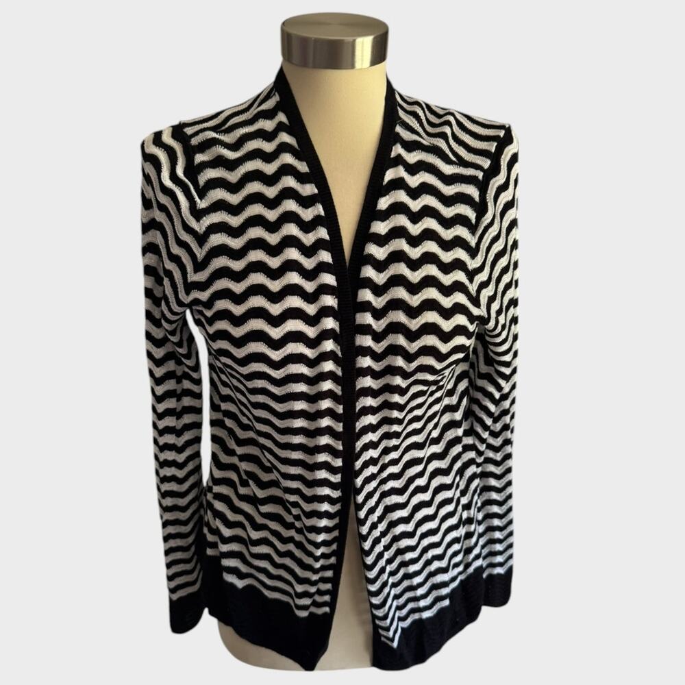Ann Taylor LOFT XL Open Front Cardigan Sweater Black Gray White Wavy Stripe